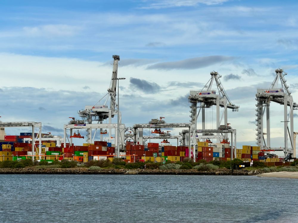 Container terminal with stacked cargo containers and loading cranes