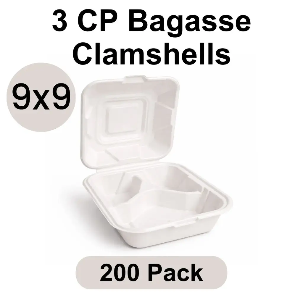 [CS-09-3C] 9"x9" Clamshell White 3-Compartment [200 pack] Bagasse