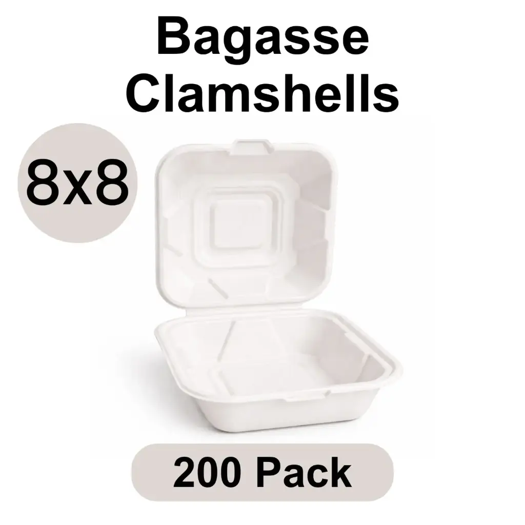 [CS-08-WH] 8"x8" Clamshell White [200 pack] Bagasse