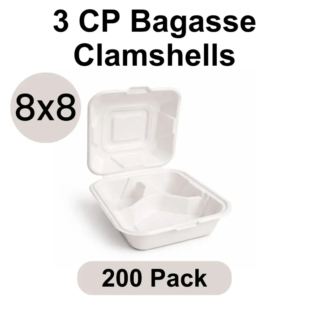 8"x8" Clamshell White 3-Compartment [200 pack] Bagasse