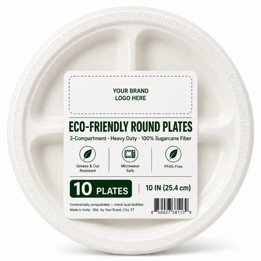 Eco-friendly Round Plate 10" 3-Compartment, 10-ct per pack | 36 Packs/Case