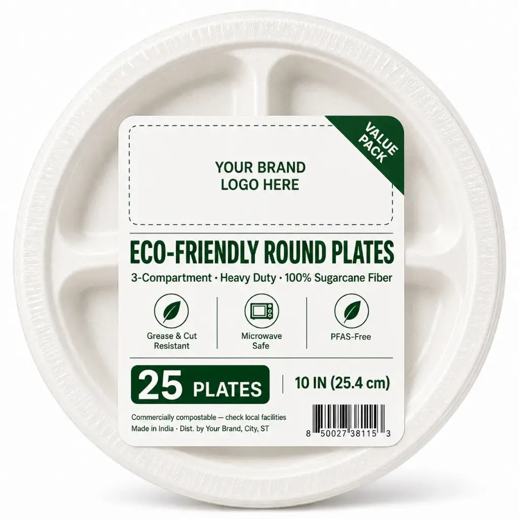 Eco-friendly Round Plate 10" 3-Compartment, 25-ct Value Pack | 14 Packs/Case