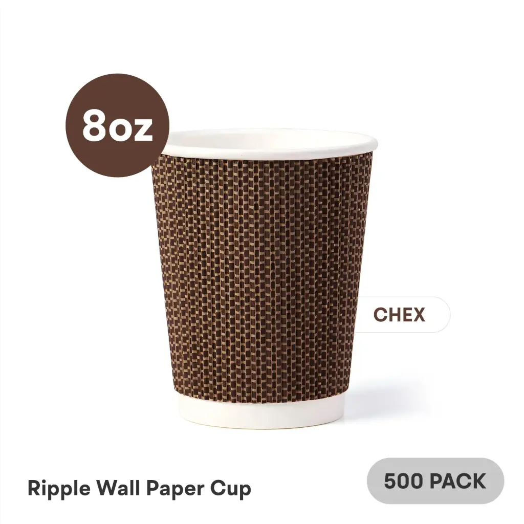 8 OZ Paper Cup Ripple Wall (240 ML) (Brown Chex Black Dots) [500 per case] Plain Disposable  