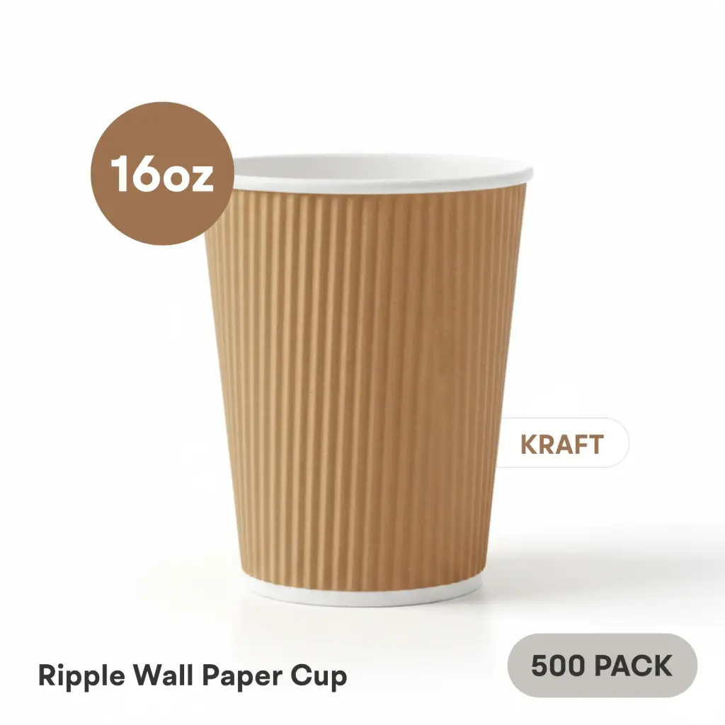 16 OZ Paper Cup Ripple Wall (480 ML) (Kraft) [500 per case] Plain Disposable  