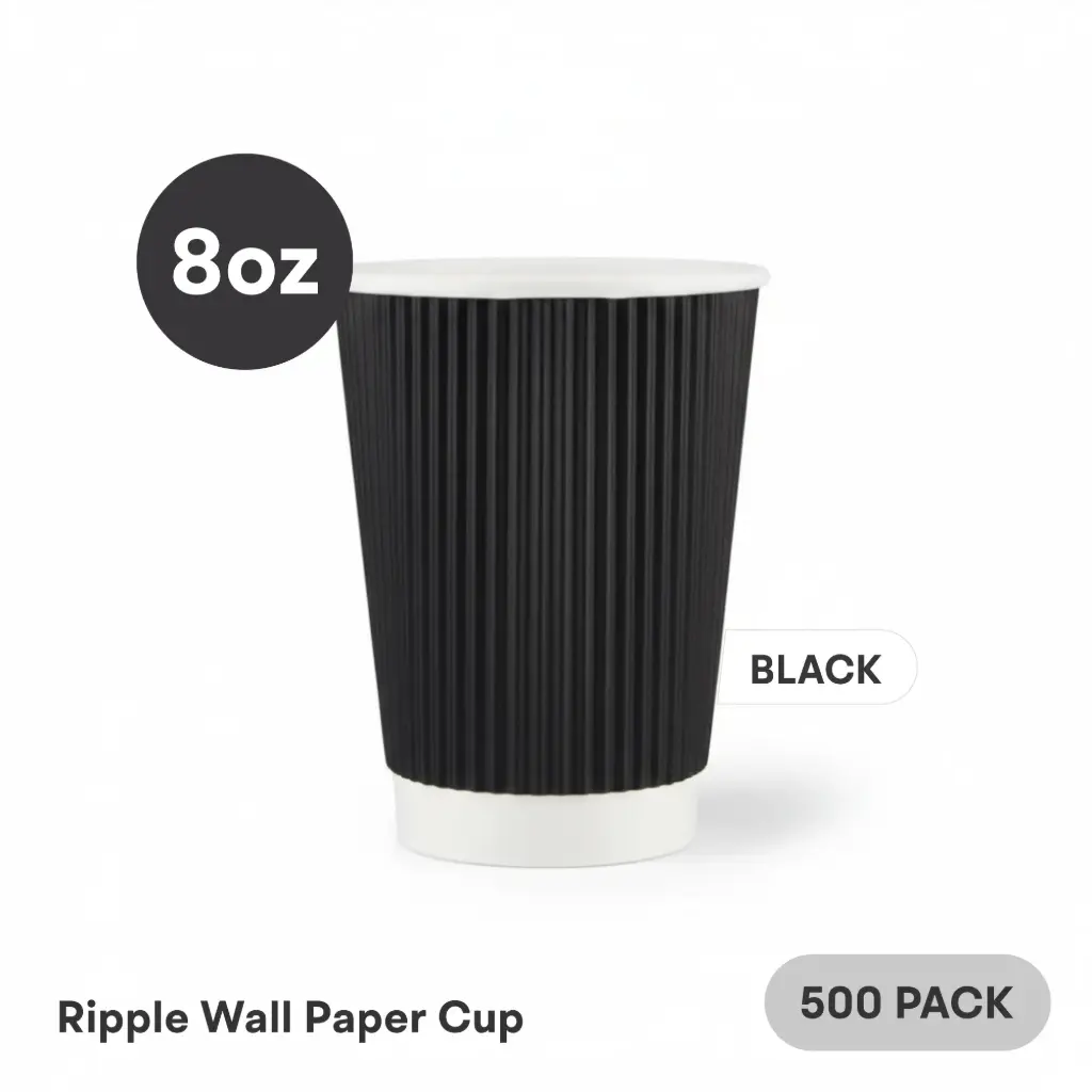 8 OZ Paper Cup Ripple Wall (240 ML) (Black) [500 per case] Plain Disposable 