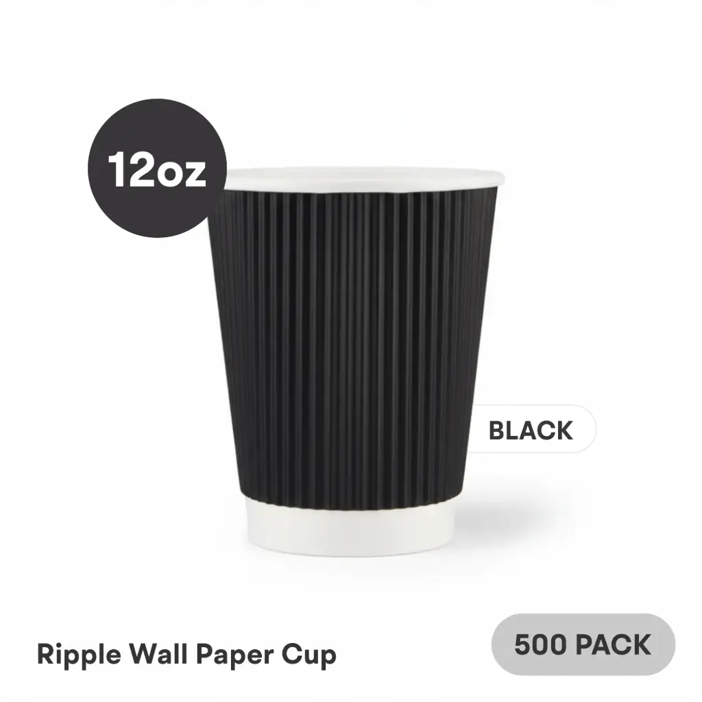 12 OZ Paper Cup Ripple Wall (360 ML) (Black) [500 per case] Plain Disposable
