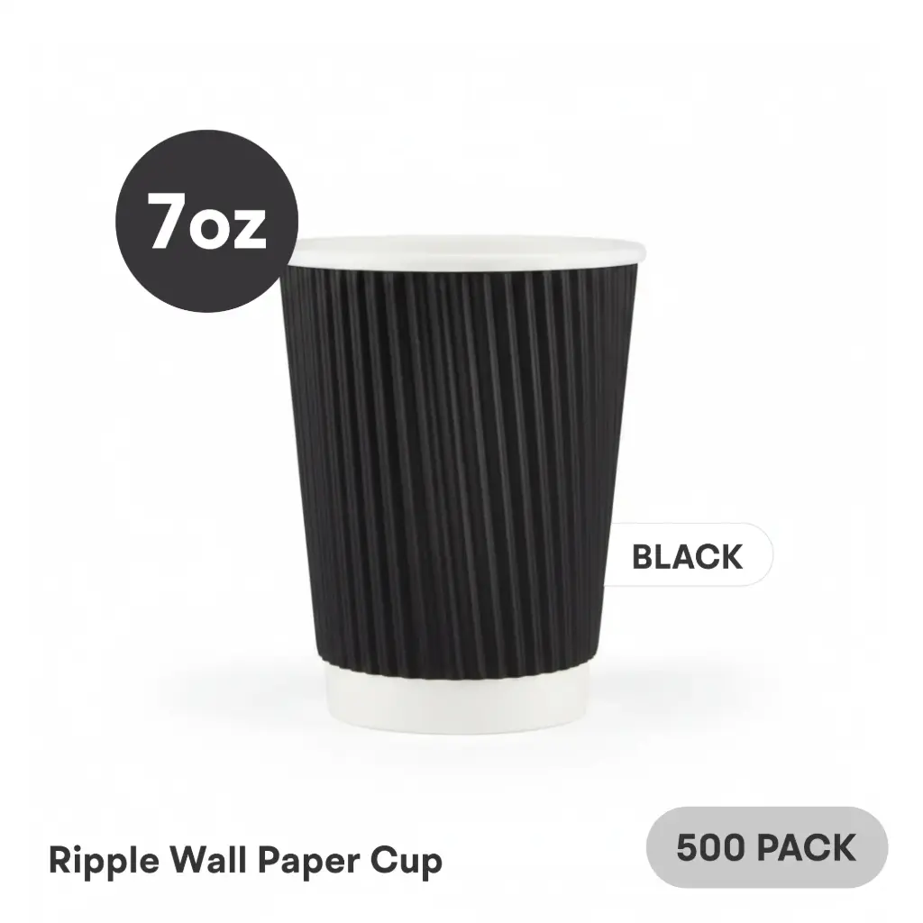 7 OZ Paper Cup Ripple Wall (210 ML) (Black) [500 per case] Plain Disposable 