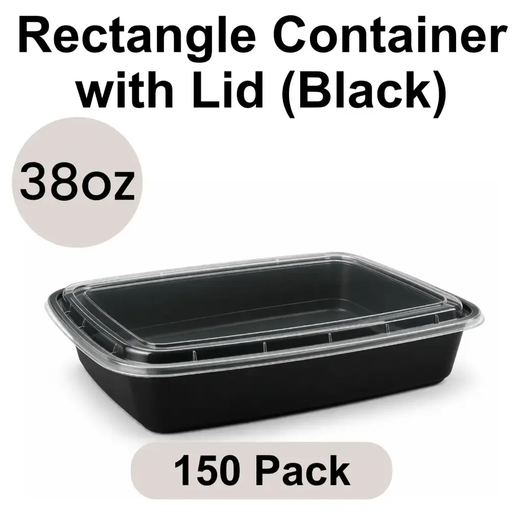 38oz Rectangular Black PP Takeout Container with Lid 150pk [RE-38]