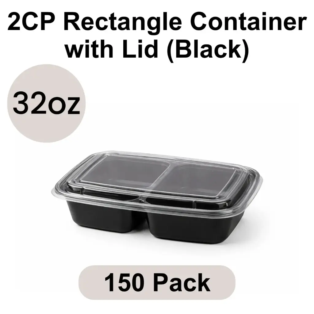 [PP-RE-32-1] 32oz 2-Compartment Rectangular Black PP Container with Lid 150pk [RE-32(2)]