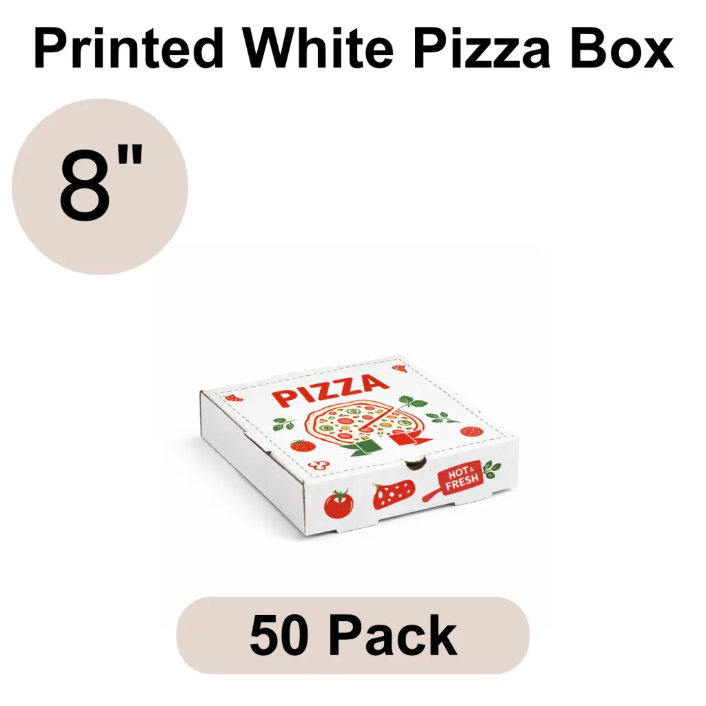 [PZB-08-1] 8" Printed White Pizza Box 3-ply B-Flute 50pk