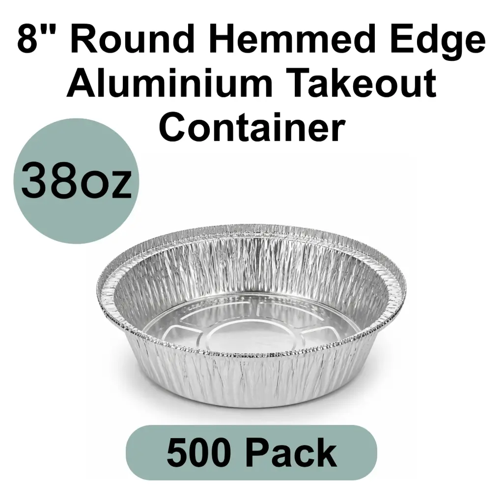 [AF-008] 8" Round 38oz Hemmed Edge Aluminum Takeout Container 500pk
