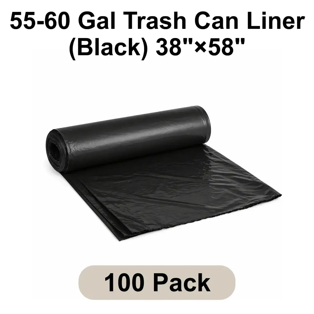 [[TCL-BK-014]] 55-60 Gal Trash Can Liner (Black) 38"x58" 1.5 Mil Star Seal | 100/Case (10 Rolls x 10 Bags/Roll)