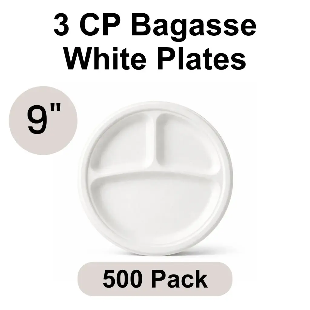 9" Plates White 3-Compartment [500 pack] Bagasse