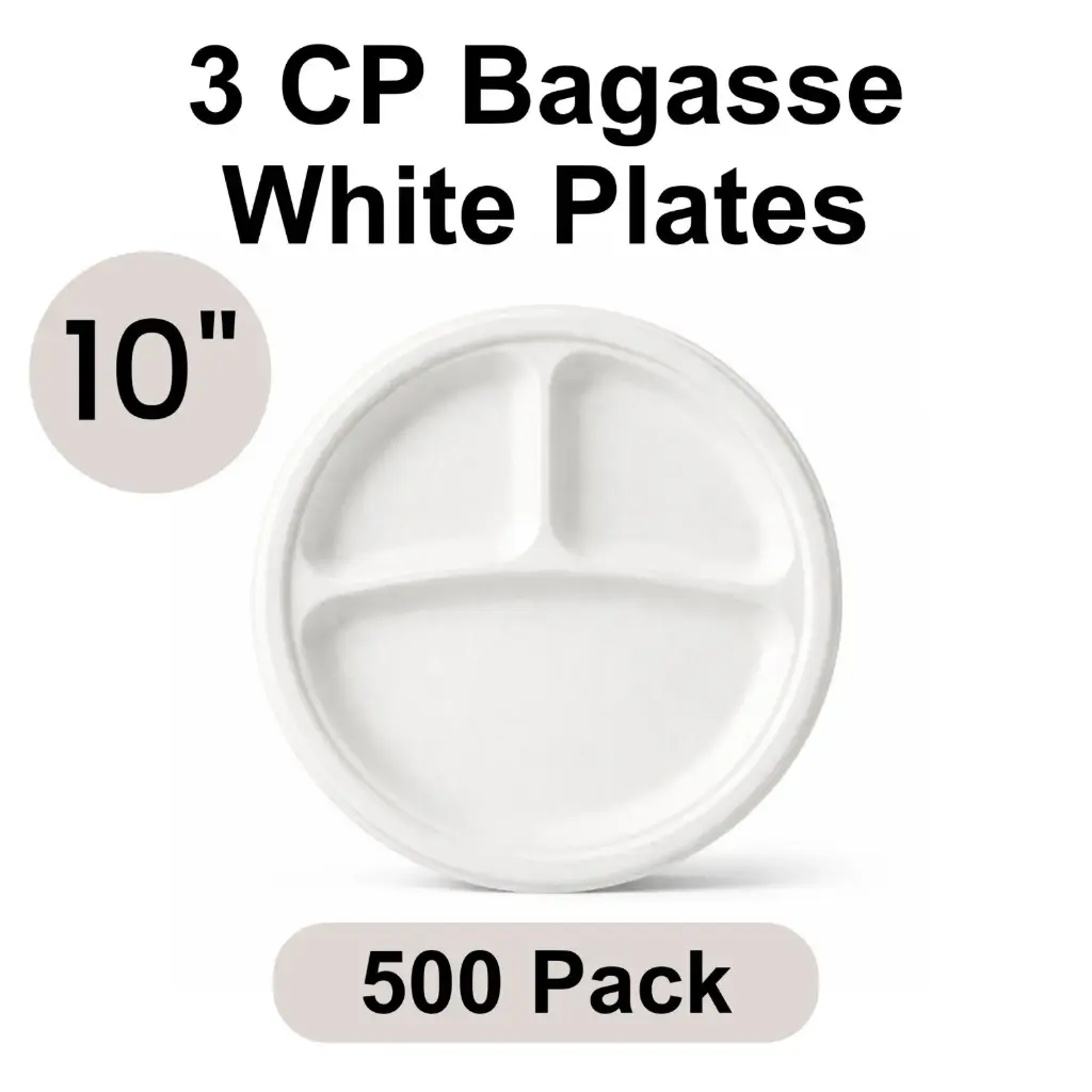 10" Plates White 3-Compartment [500 pack] Bagasse