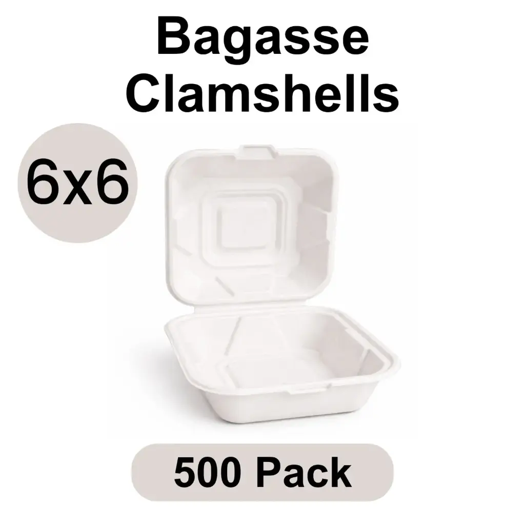 [CS-06-WH-1] 6"x6" Clamshell White [200 pack] Bagasse